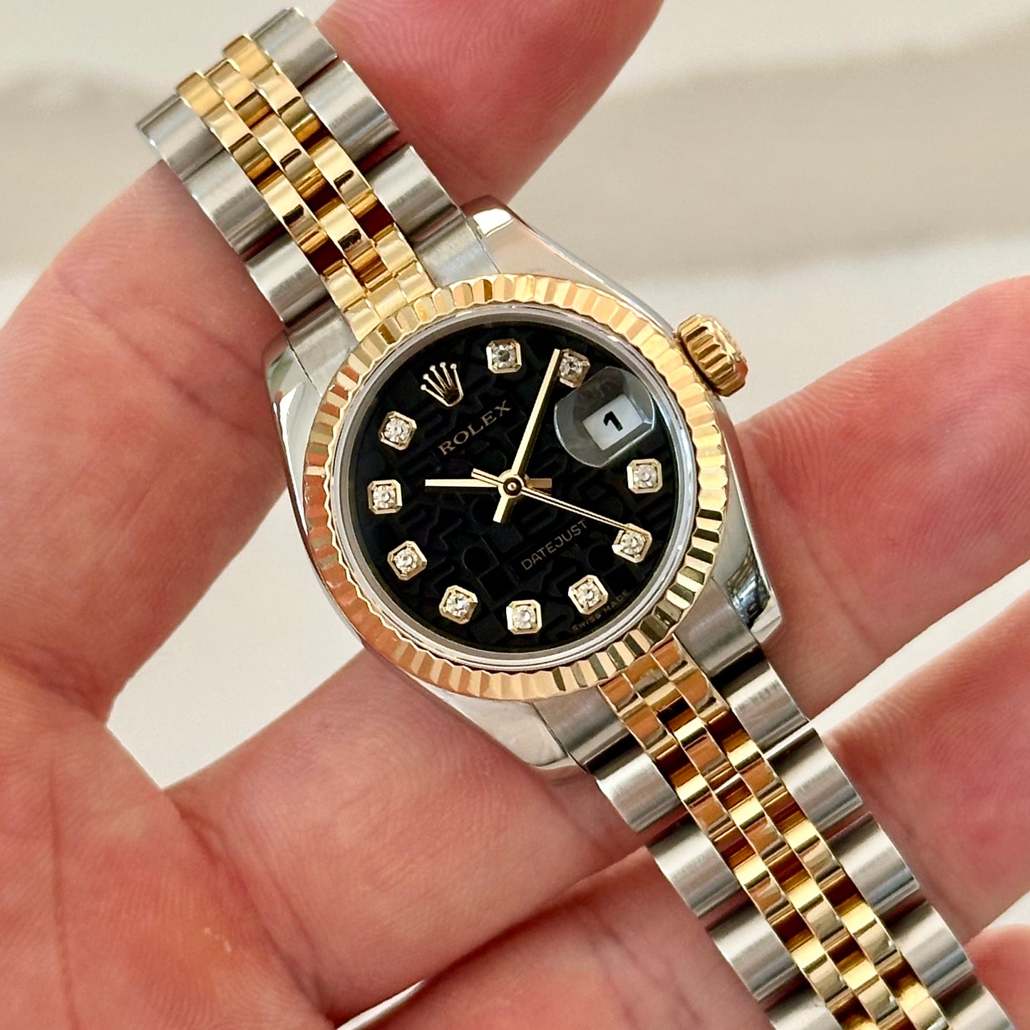 Lady-Datejust 26 Black Anniversary Diamond Dial 18K Yellow Gold Ref 179173