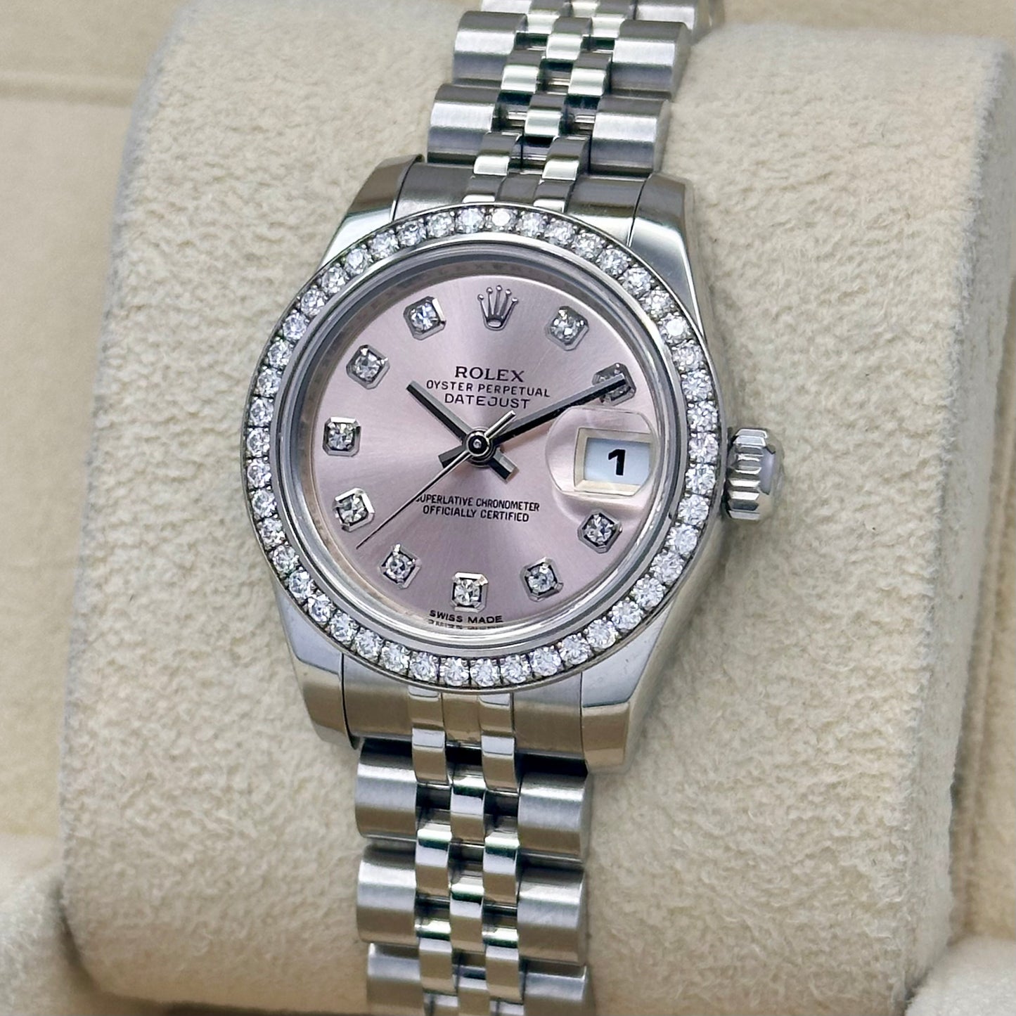 Lady-Datejust 26 Factory Diamond Bezel Sunburst Pink Diamond Dial Ref 179384 2015