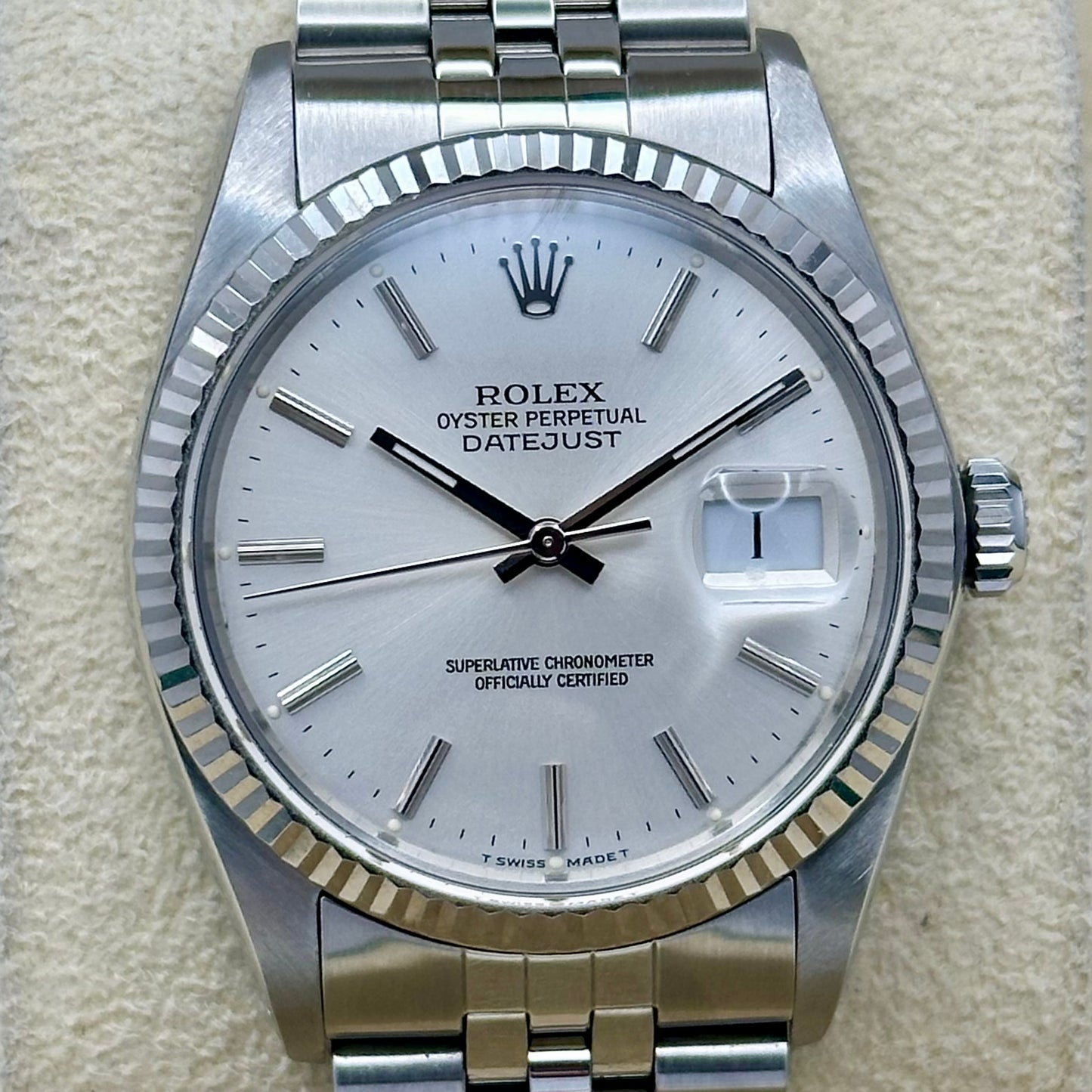 Datejust 36 Sunburst Silver 18K White Gold Ref 16014 1988