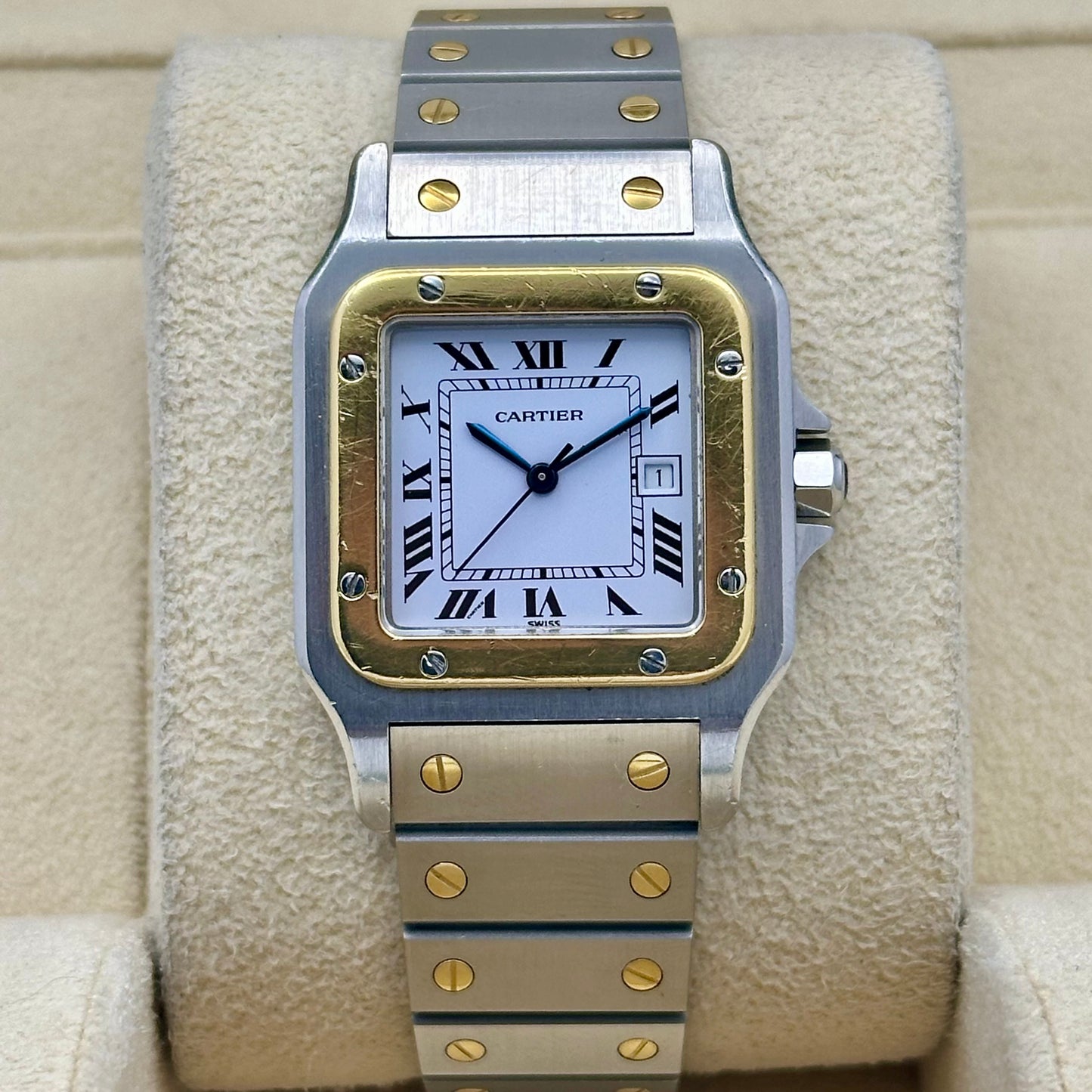 (ON HOLD) Santos Carrée Large White Romans 18K Yellow Gold Ref 2961 1986