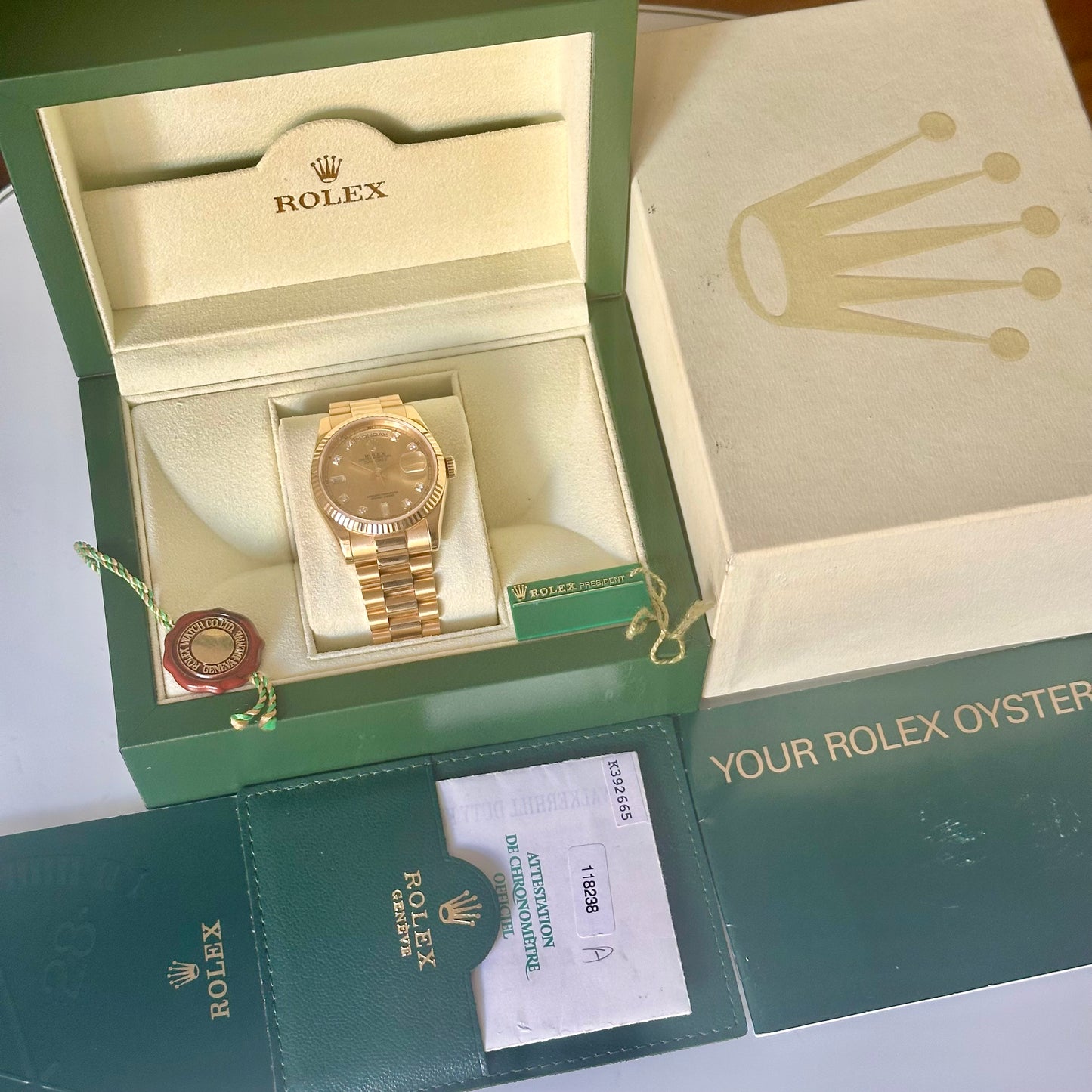 Day-Date 36 Champagne Baguettes 18K Yellow Gold Ref 118238 2005