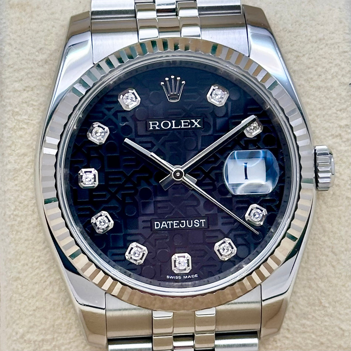Datejust 36 Black Anniversary Diamond Dial Super Jubilee 18K White Gold Ref 116234 2012