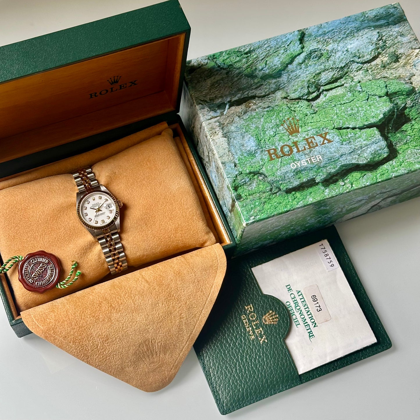 Lady-Datejust 26 White Big Diamond Dial 18K Yellow Gold Ref 69173G 1996