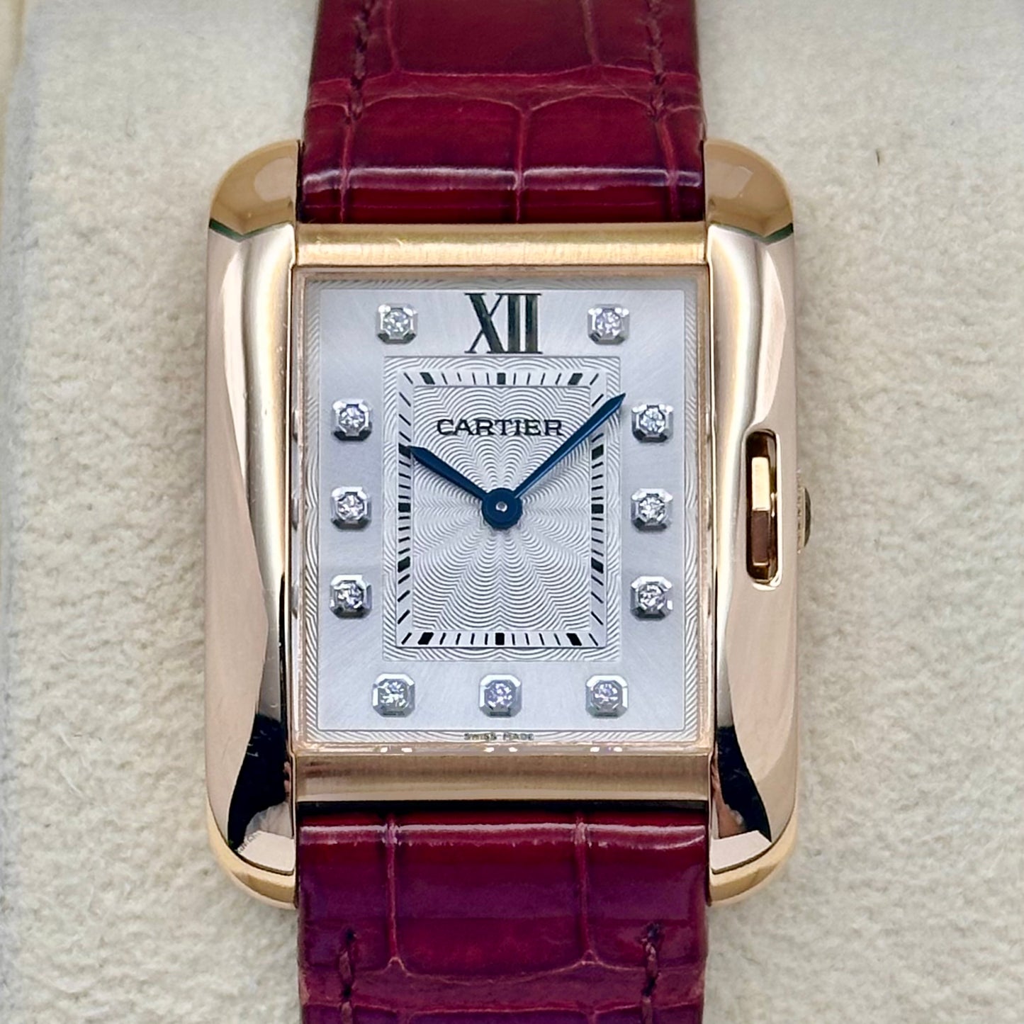 Tank Anglaise 18K Rose Gold Silver Guilloché Diamond Dial Ref WJTA0007